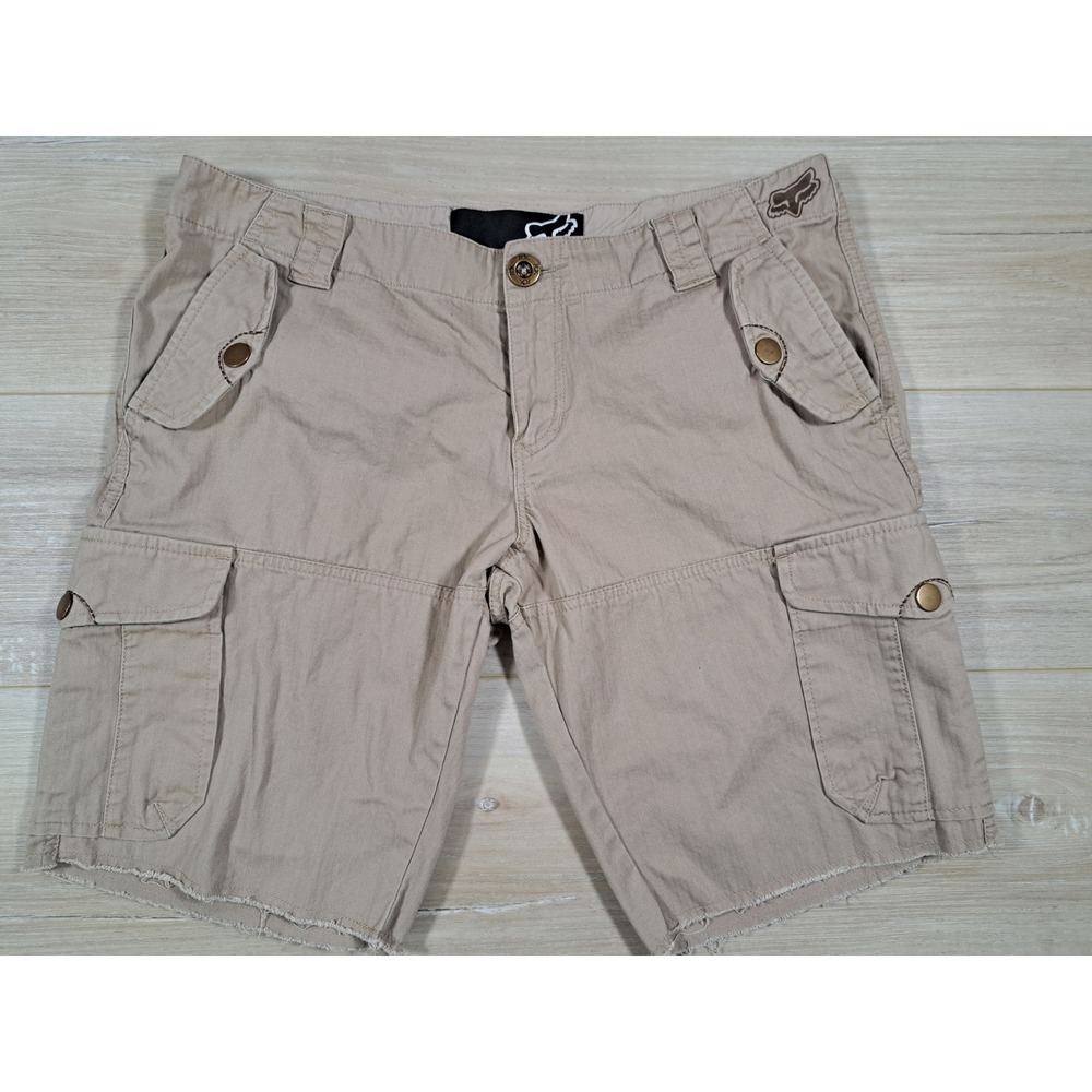 Fox Racing Khaki Cargo Shorts Mens 9 Live Fast Ride Hard 1974 Tan Frayed Hem Y2K